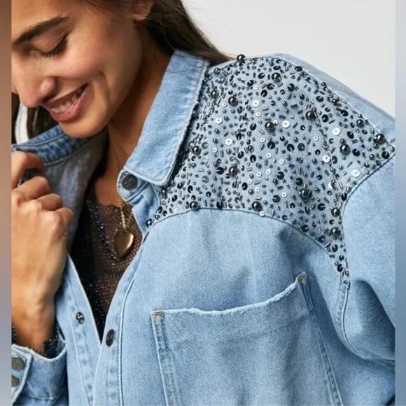 Free People X One Teaspoon Hand Embellished Daria Denim Shirt Sz M MSRP $298 - Picture 4 of 7